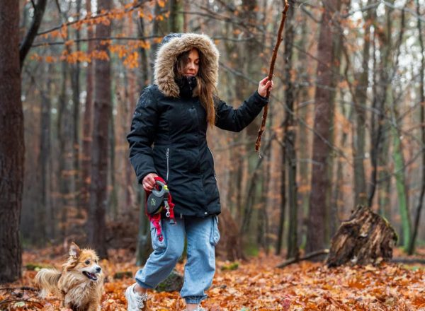 Woman walking her dog during autumn in a forest. Cozy seasonal vibe.